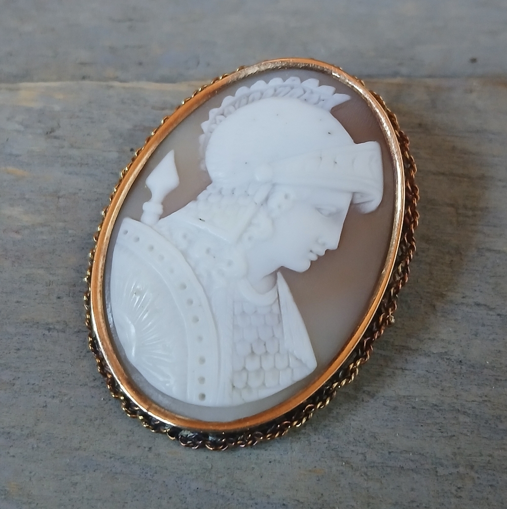 Antique Victorian Carved Shell Cameo 14K Rose Gold Brooch Roman Greek Warrior - Picture 4 of 16